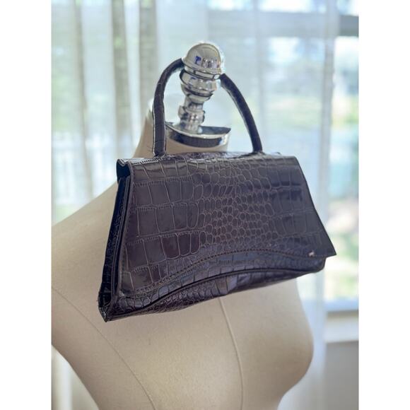 Vintage Y2K Mini Oxblood Brown Croc Embossed Patent Leather Abstract Handbag - Picture 11 of 16